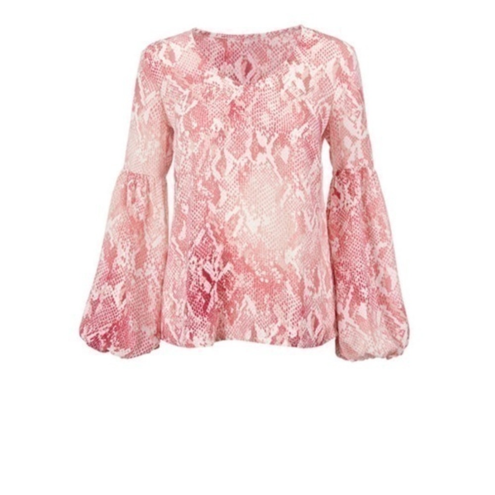 CAbi 5708 Bethany Snakeskin Blouse| Medium |Pink Balloon Sleeve V-Neck Top| NWOT